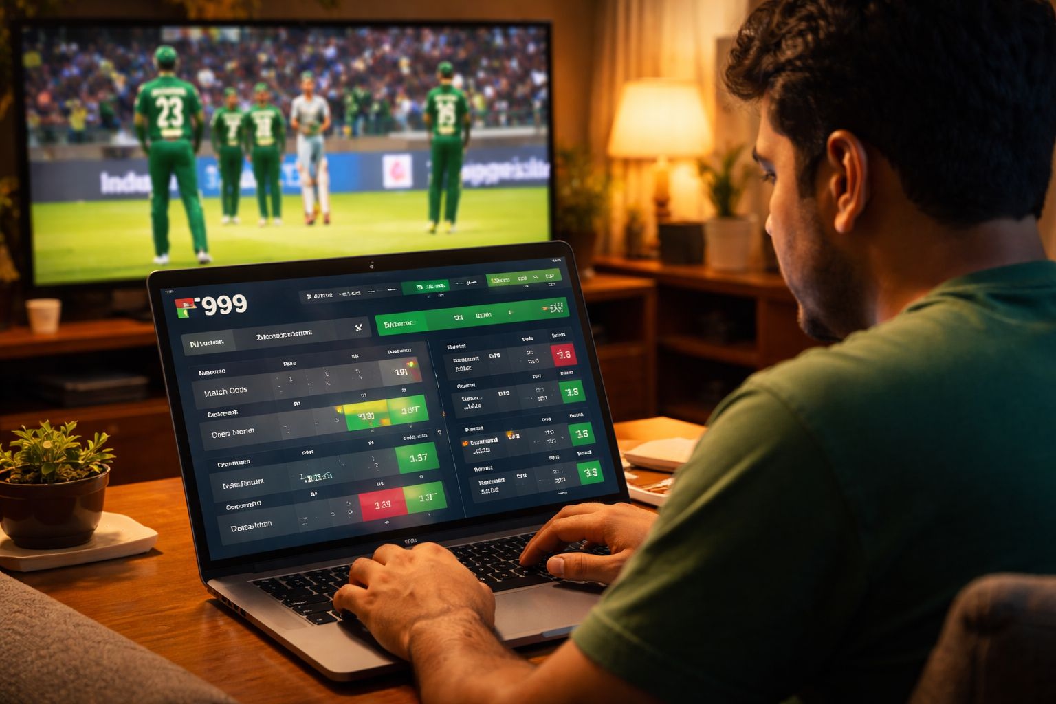 Bangladeshi sports enthusiast comparing match odds on a laptop while monitoring an ongoing cricket telecast inside a comfortable living room