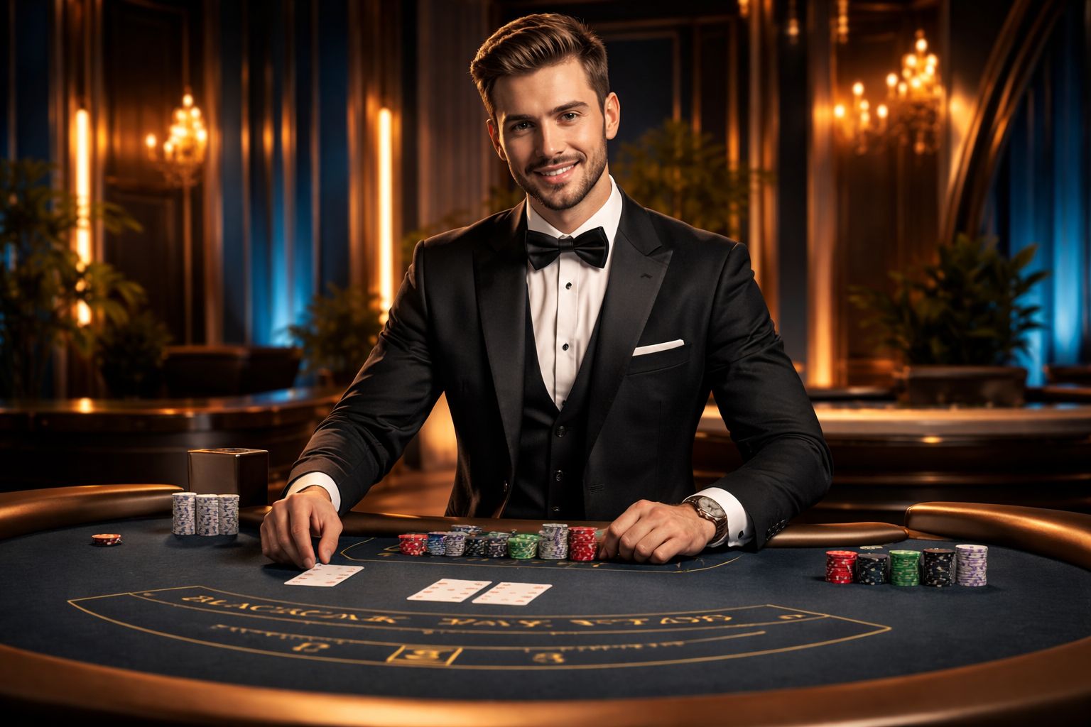Polished casino croupier confidently smiling beside a roulette wheel surrounded by sleek decor and warm lighting suggesting the upscale gaming mood of F999 in Bangladesh