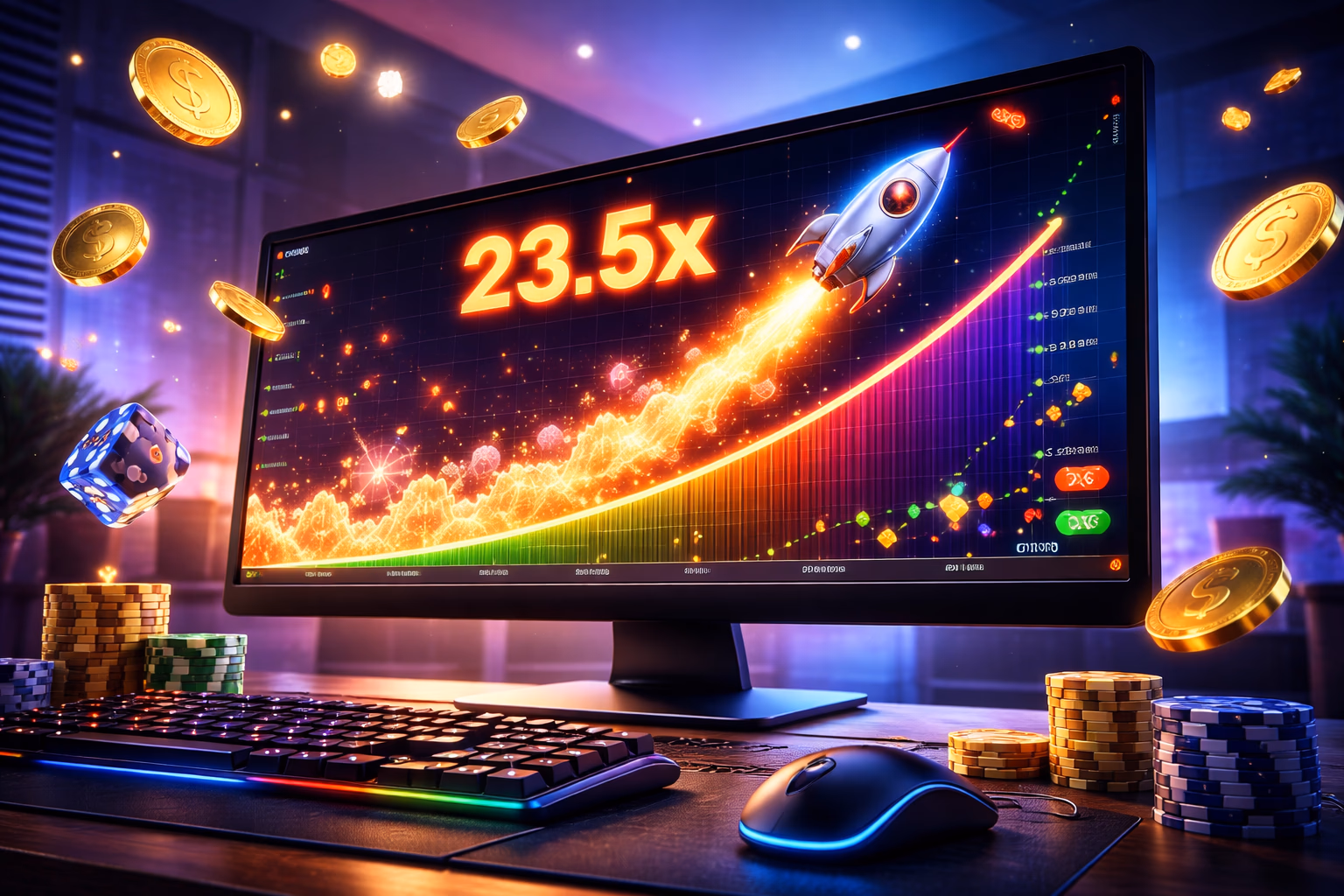 Sleek desktop monitor displaying the F999 crash-style game with colourful chips and a glowing multiplier graph creating an exciting digital play scene