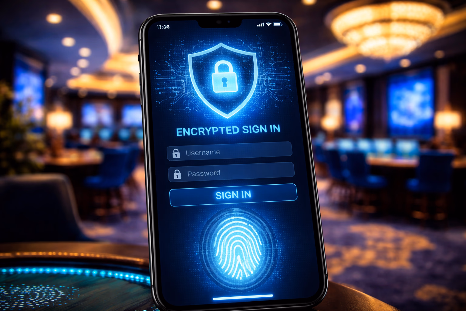 Smiling casino host pointing toward a luminous shield icon in a modern gaming hall representing F999 sign-in safety in Bangladesh