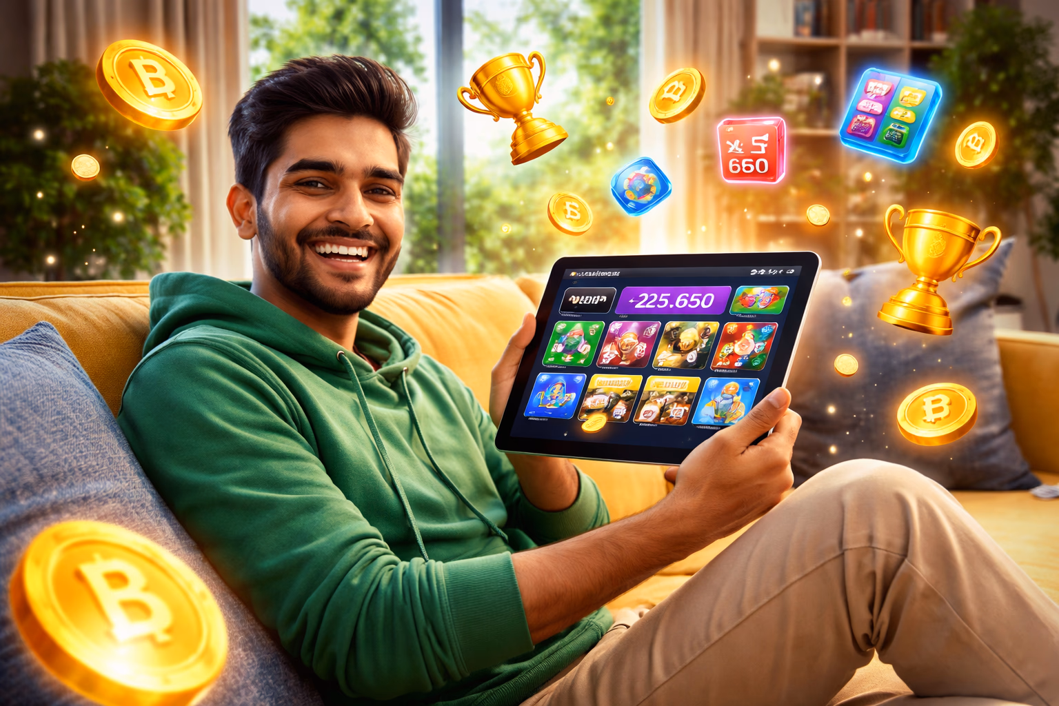 Stylish Bangladeshi host welcoming players to the F999 dashboard surrounded by golden coins and glowing reward symbols